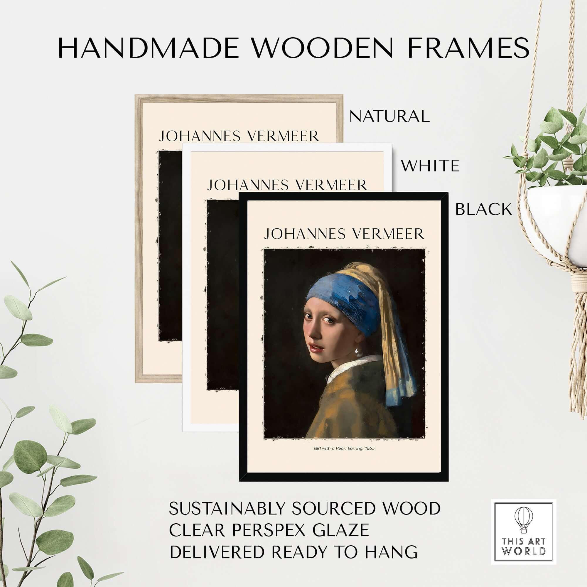 Handmade wooden frames for Johannes Vermeer Girl with a Pearl Earring 1665 Iconic Dutch Portrait Art Print in natural, white, and black.