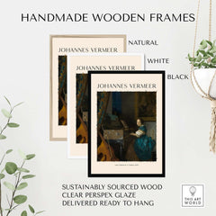 Handmade wooden frames for Johannes Vermeer Lady Seated at a Virginal 1670 Dutch Golden Age Art Print in natural, white, and black.