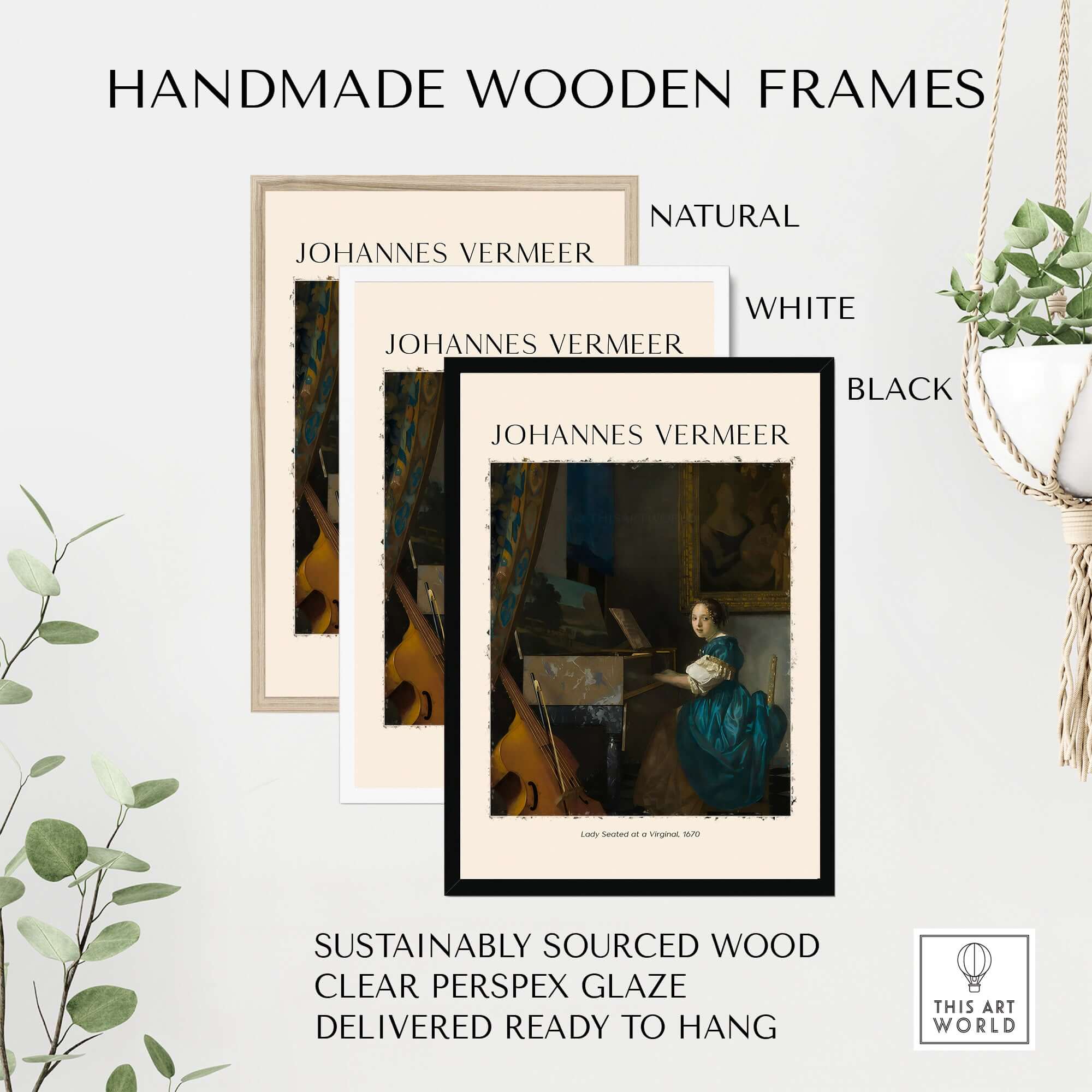 Handmade wooden frames for Johannes Vermeer Lady Seated at a Virginal 1670 Dutch Golden Age Art Print in natural, white, and black.