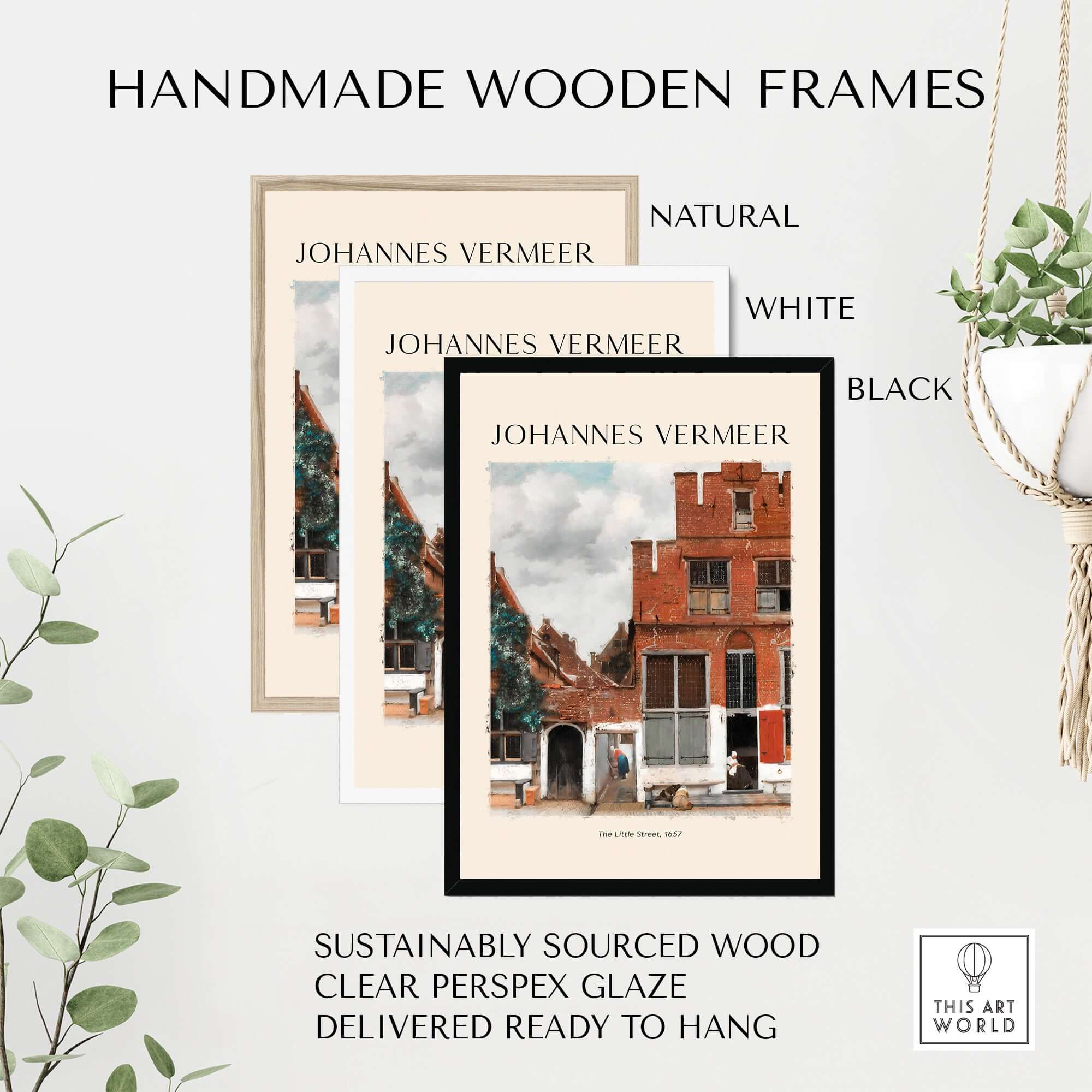 Johannes Vermeer The Little Street 1657 Delft Scene Dutch Golden Age Art Print framed in natural, white, and black handmade wooden frames.