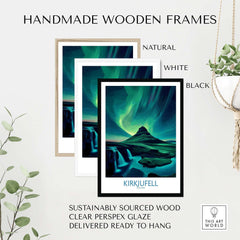 Handmade wooden frames for Kirkjufell Iceland Art Print | Waterfall Poster, featuring natural, white, and black options.
