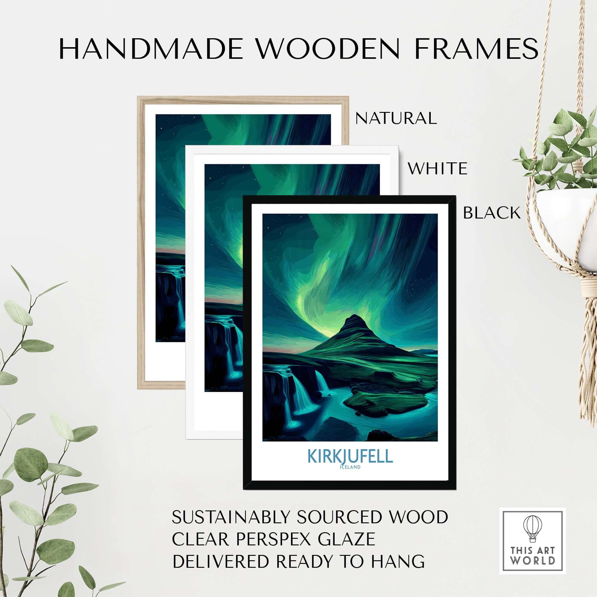 Handmade wooden frames for Kirkjufell Iceland Art Print | Waterfall Poster, featuring natural, white, and black options.
