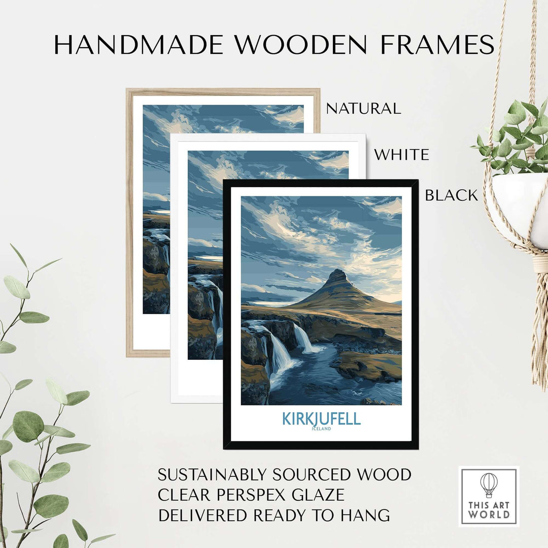 Kirkjufell Iceland Waterfall Mountain Art Print framed in handmade wooden frames available in natural, white, and black.