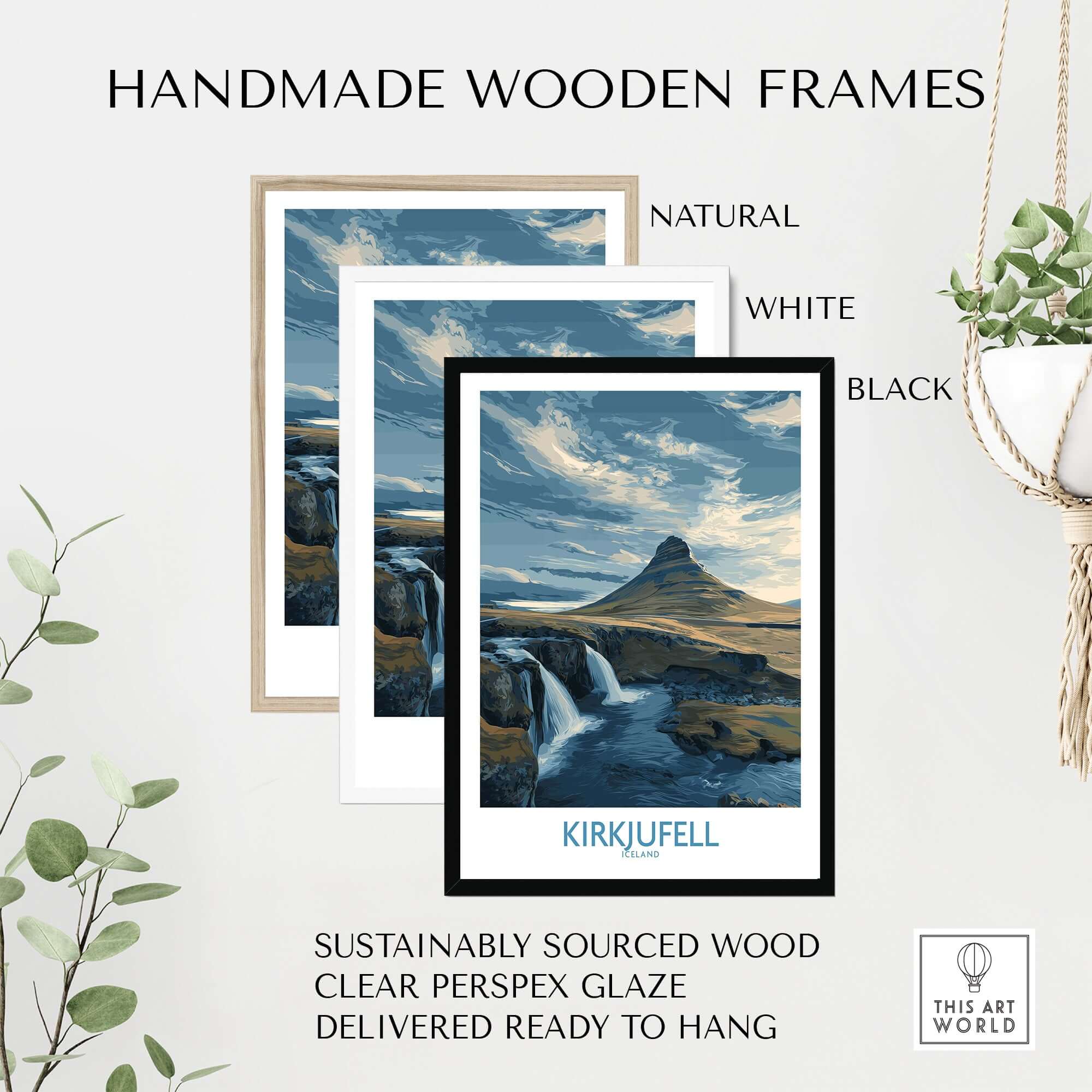 Handmade wooden frames in natural, white, and black for Kirkjufell Iceland Waterfall Mountain Art Print, ready to hang.
