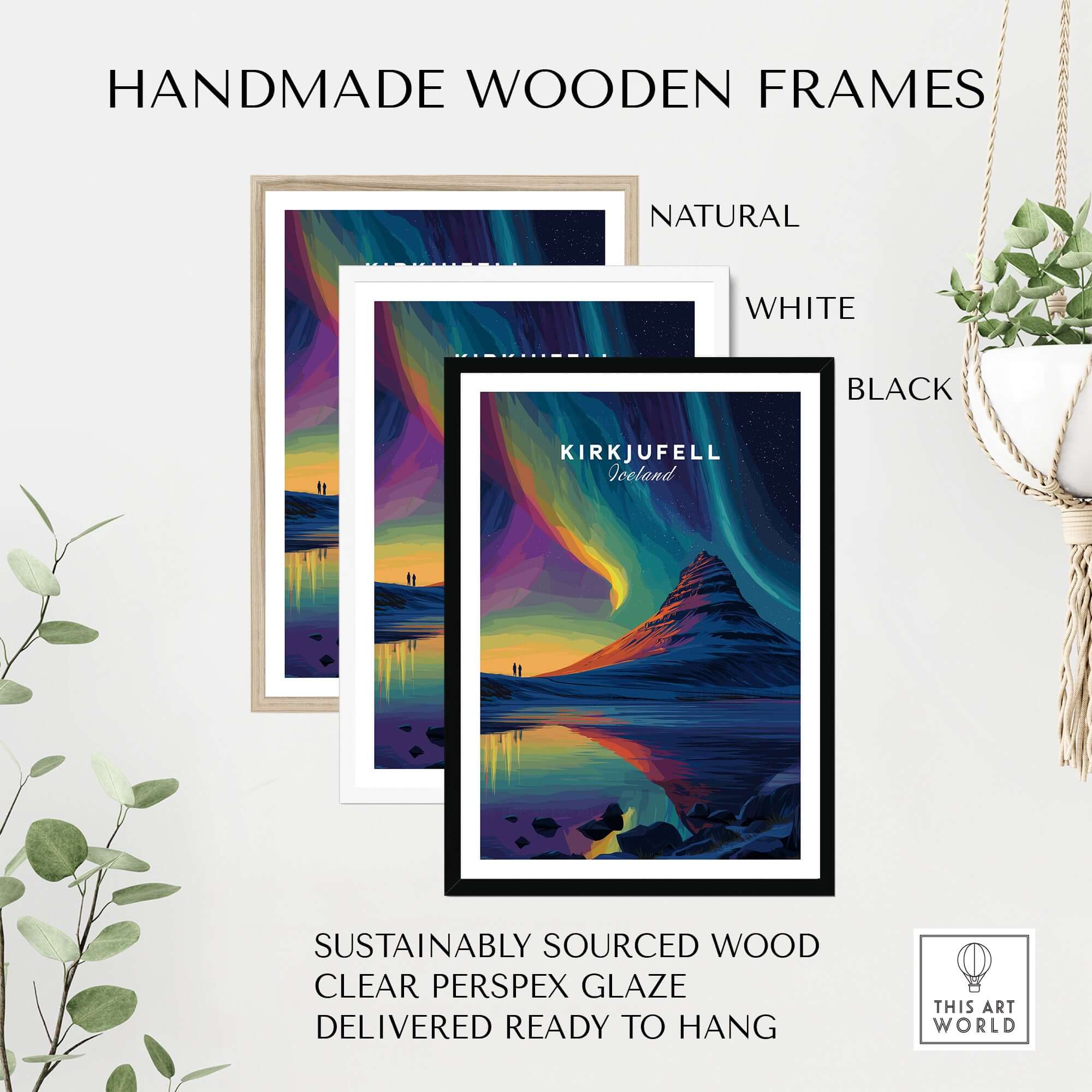 Kirkjufell Poster Snæfellsnes Print | Icelandic Travel Wall Art in handmade wooden frames in natural, white, and black.
