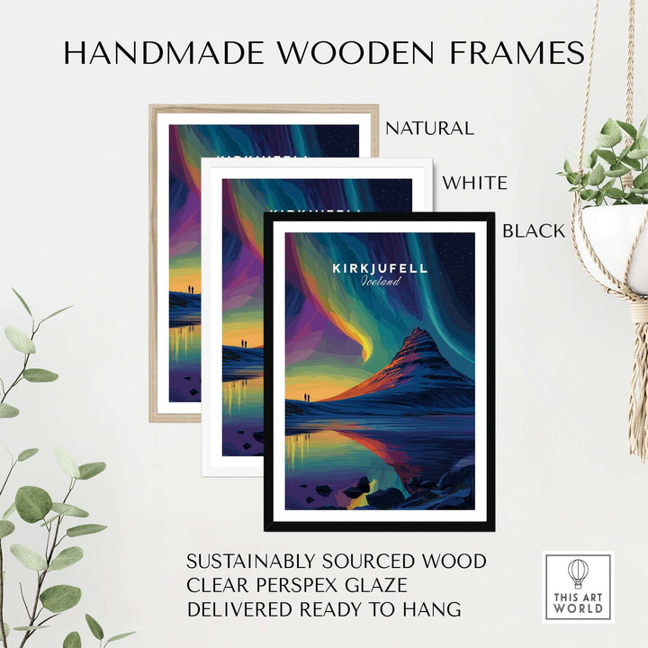 Kirkjufell Poster Snæfellsnes Print | Icelandic Travel Wall Art displayed in handmade wooden frames.