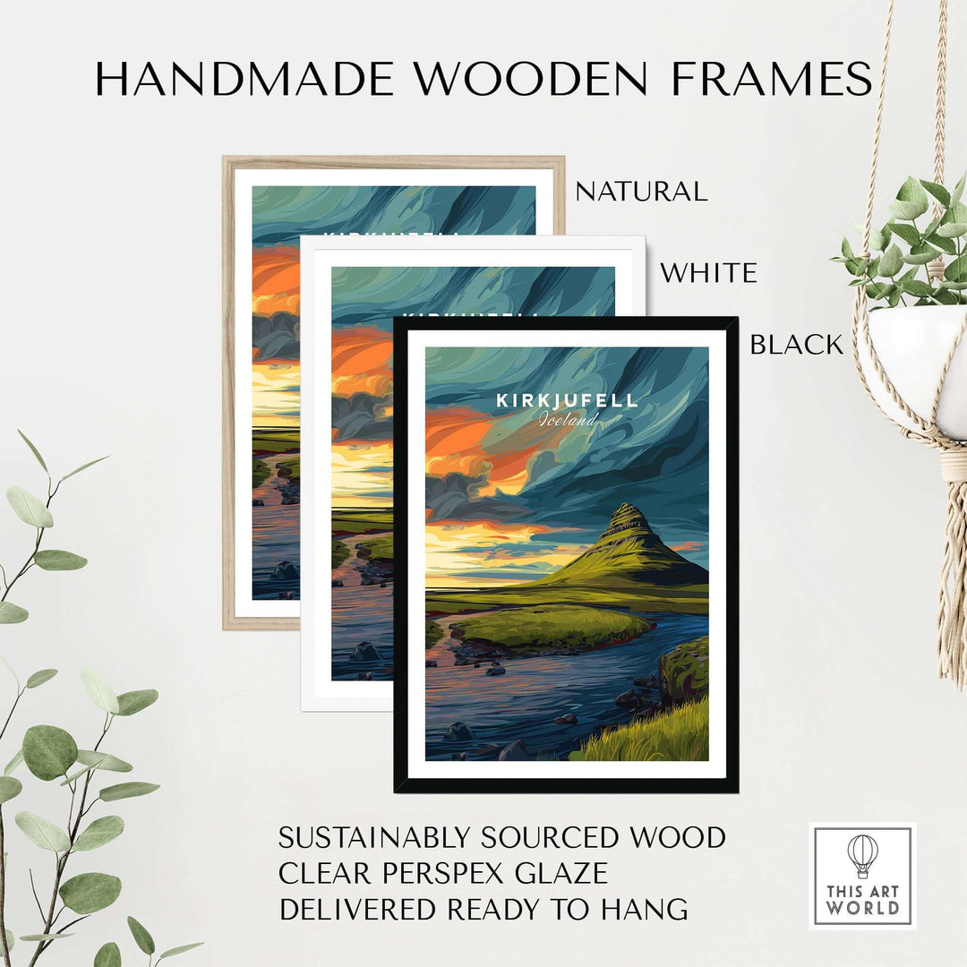 Kirkjufell Poster Snæfellsnes Print | Icelandic Landscape Decor with handmade wooden frames in natural, white, and black.