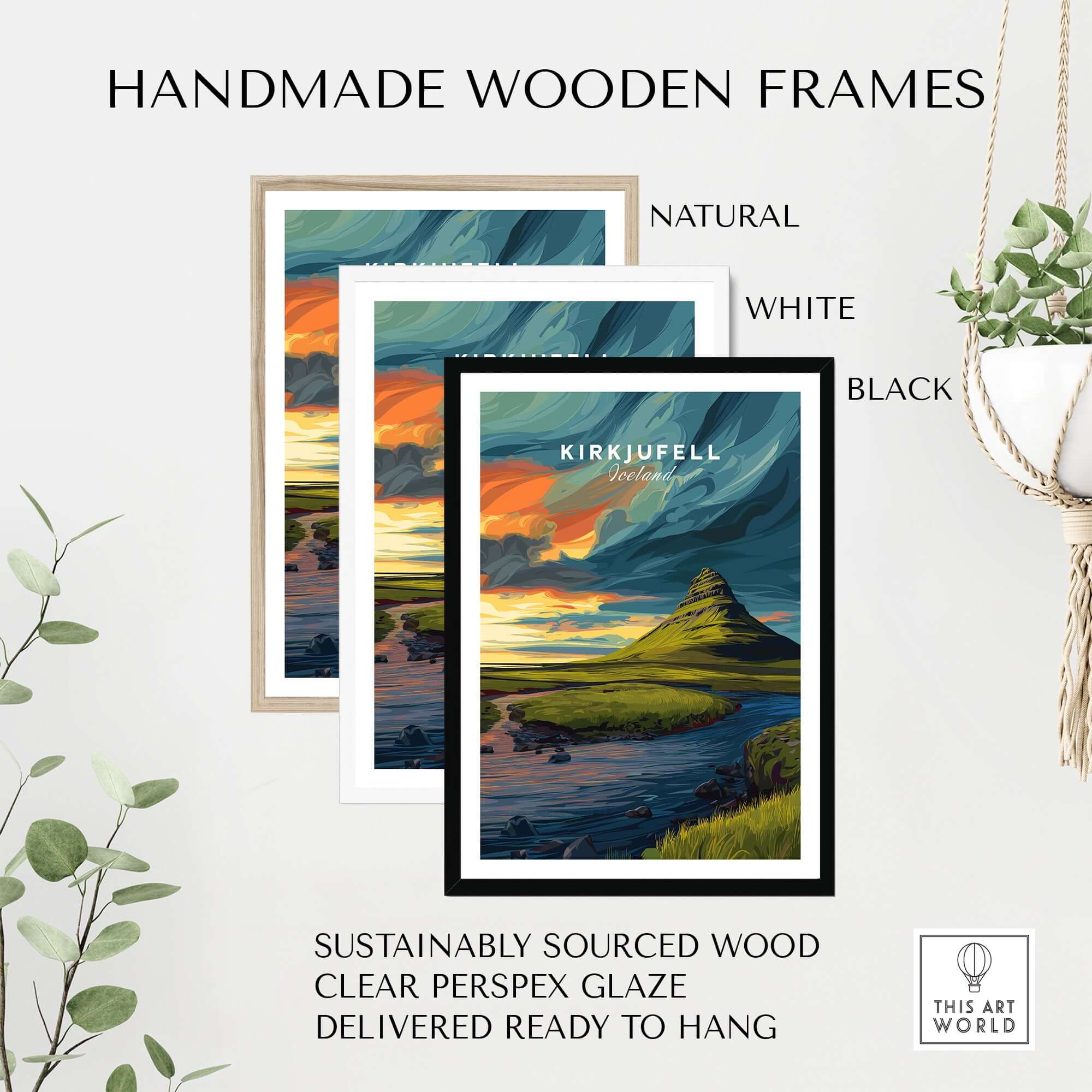 Kirkjufell Poster Snæfellsnes Print | Icelandic Landscape Decor with handmade wooden frames in natural, white, and black.
