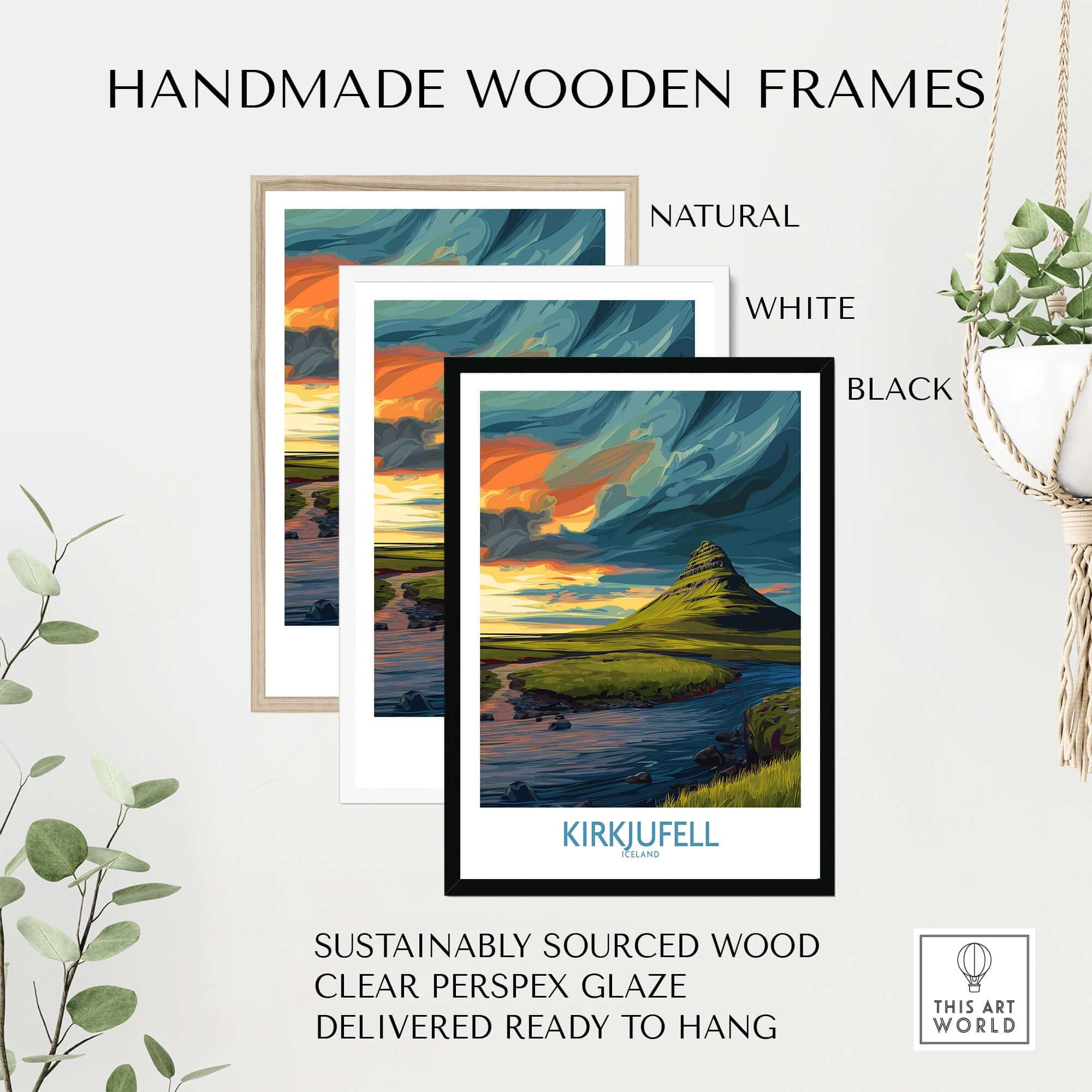Handmade wooden frames in natural, white, and black for Kirkjufell Iceland Print | Dramatic Sunset River Poster.