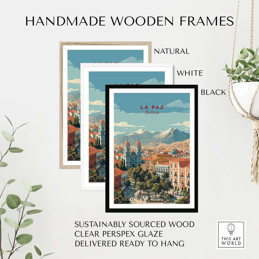 Handmade wooden frames in natural, white, and black for La Paz travel print wall art, ready to hang.
