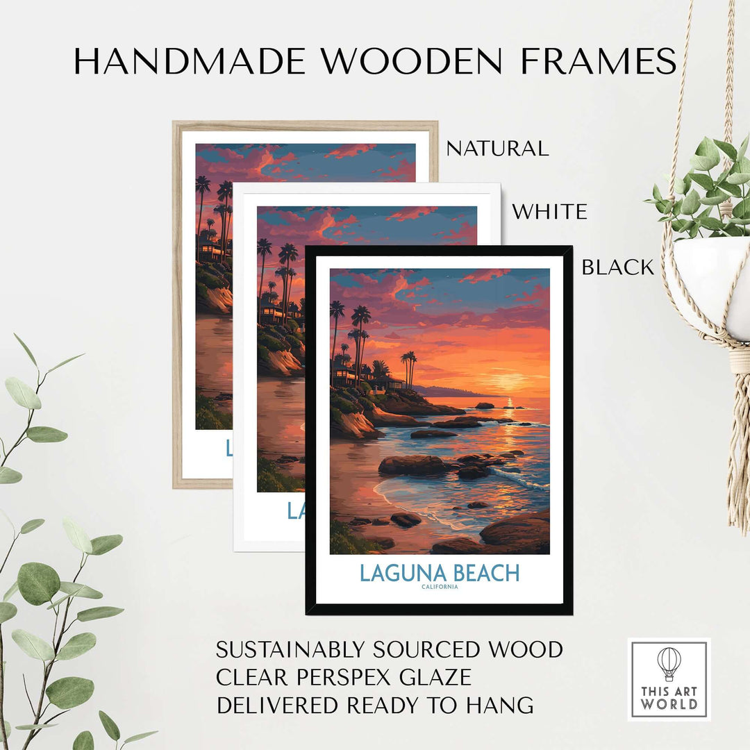 Laguna Beach California Sunset Art Print | Vibrant Coastal Poster framed in natural, white, and black handmade wooden frames.