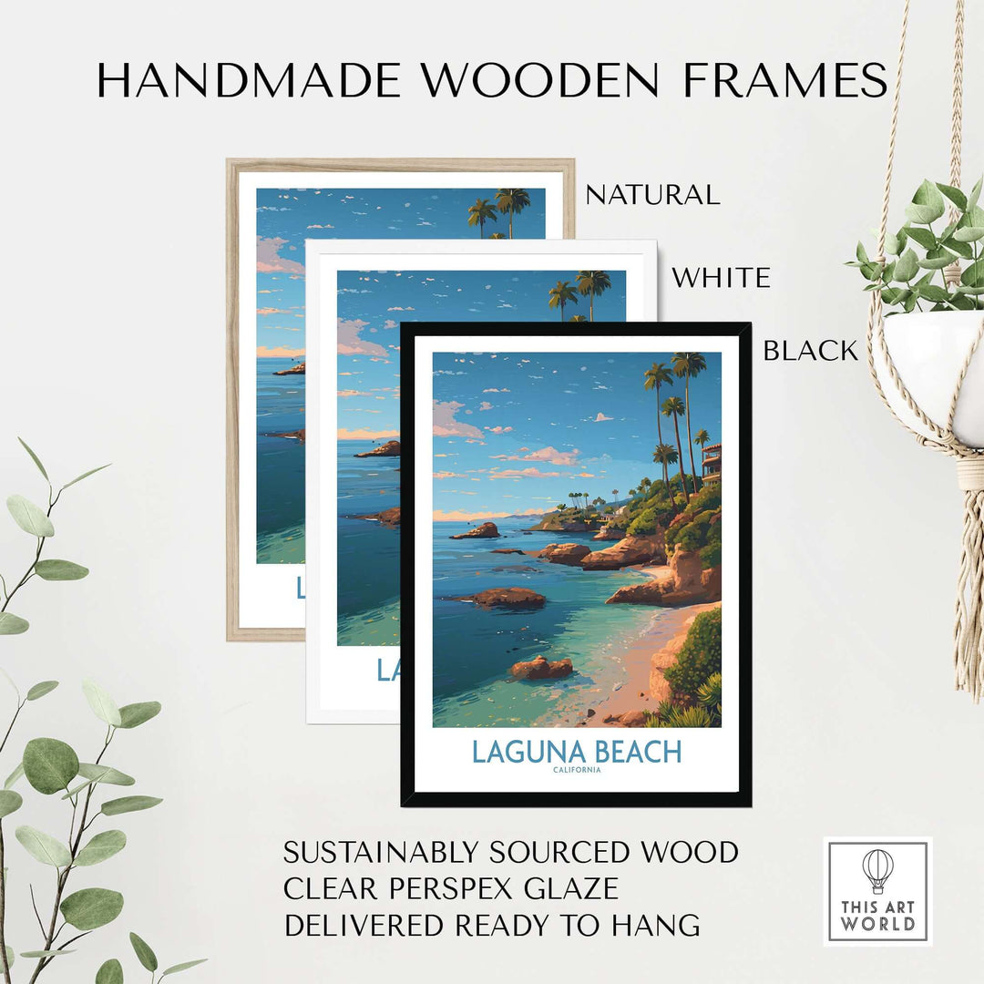 Laguna Beach California Coastal Cliff Art Print | Palm Tree Seascape Poster framed in handmade wooden frames.