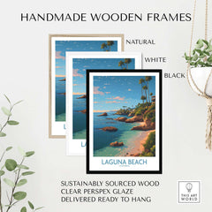 Handmade wooden frames for Laguna Beach California Coastal Cliff Art Print | Palm Tree Seascape Poster, available in natural, white, and black.