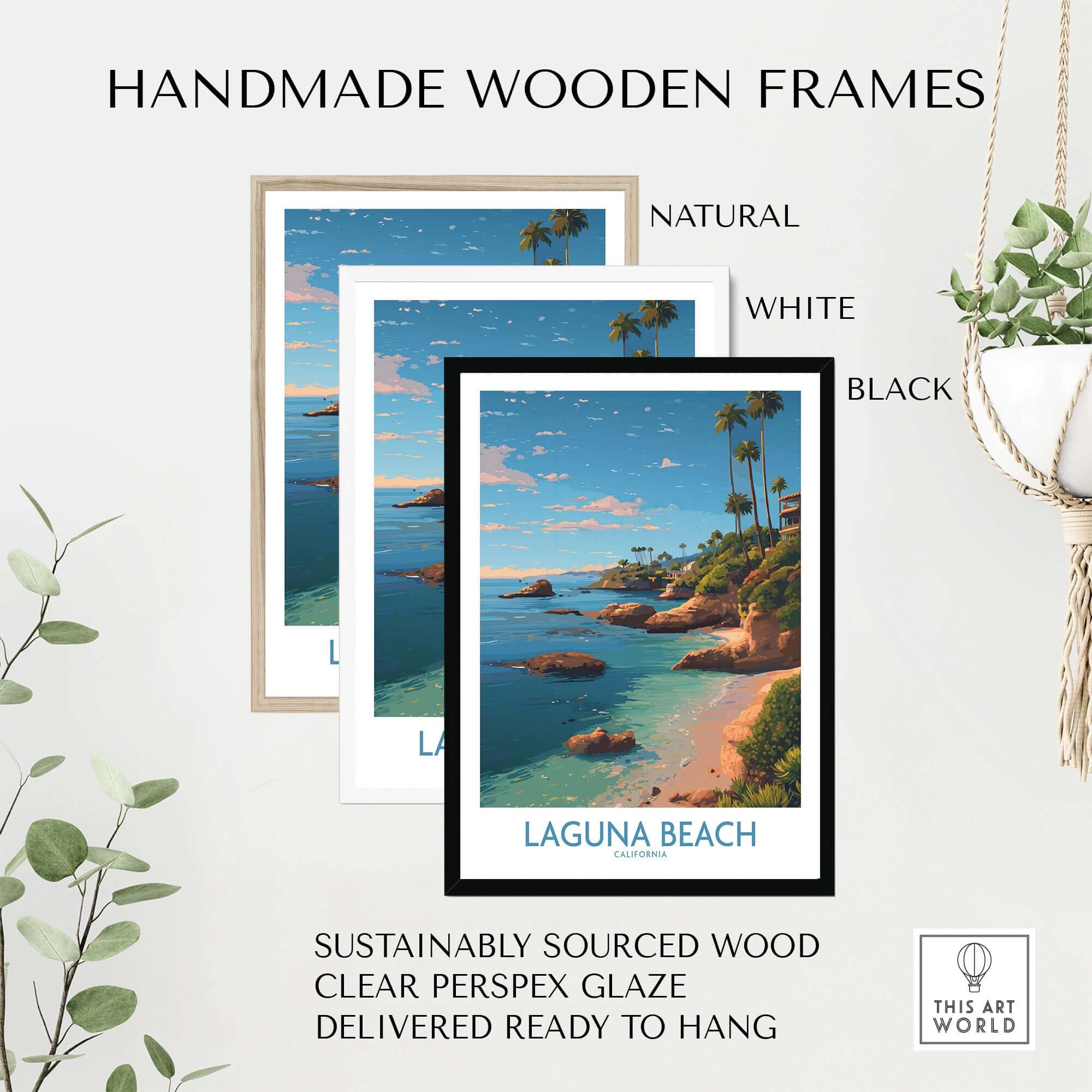 Handmade wooden frames for Laguna Beach California Coastal Cliff Art Print | Palm Tree Seascape Poster, available in natural, white, and black.