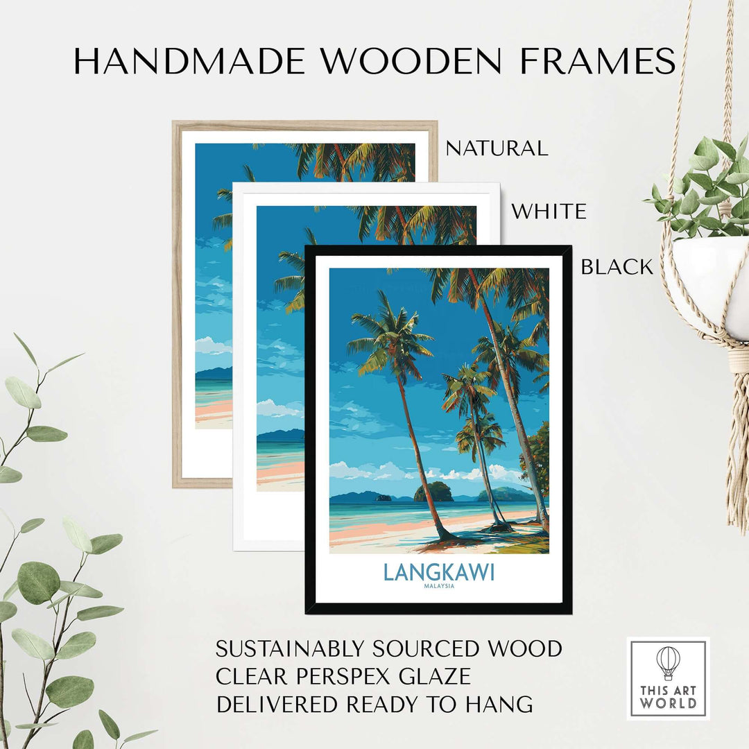 Langkawi Malaysia Print | White Sand Beach Poster displayed in handmade wooden frames of natural, white, and black finishes.