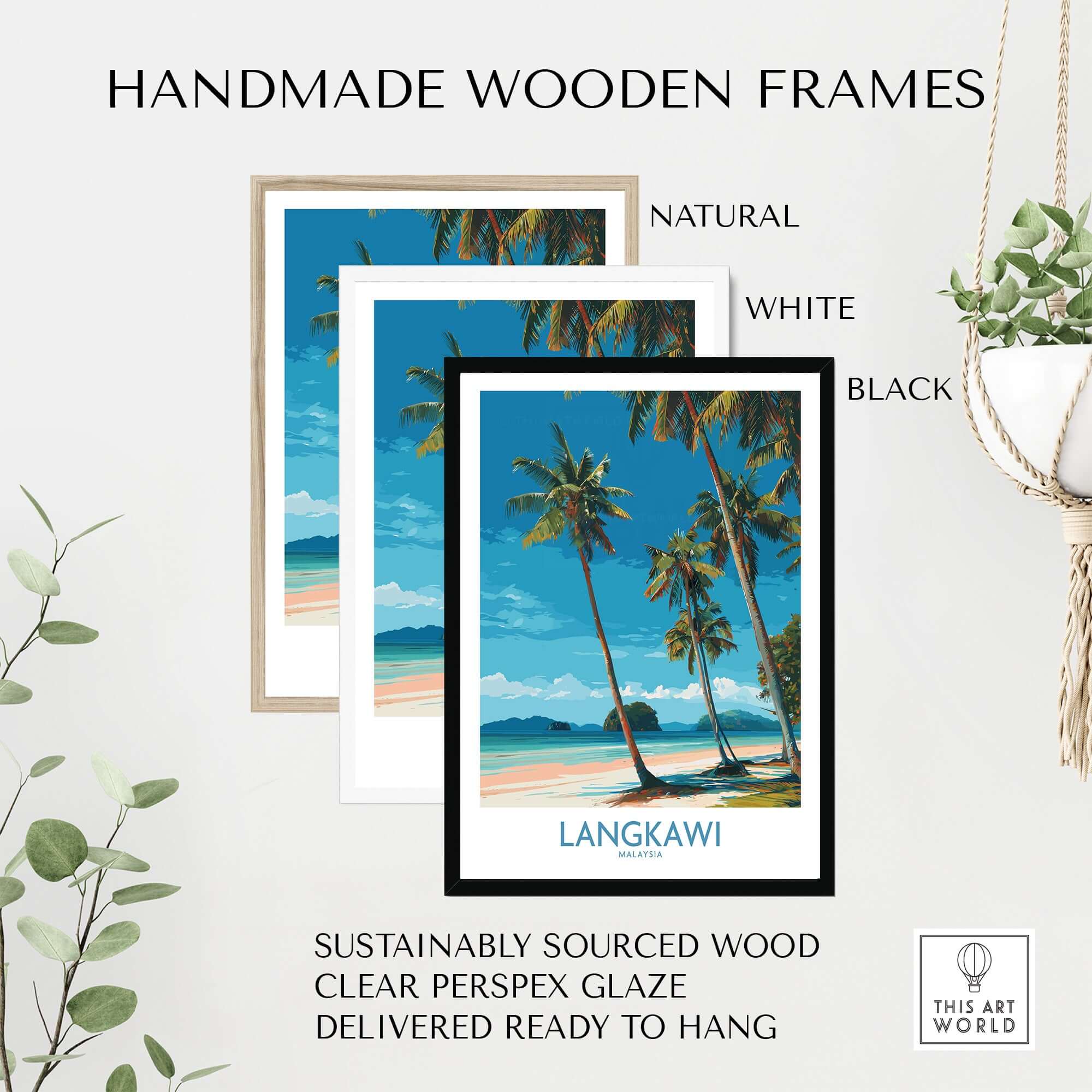 Langkawi Malaysia Print | White Sand Beach Poster displayed in handmade wooden frames in natural, white, and black finishes.