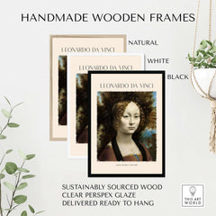 Leonardo da Vinci Art Print - Ginevra de Benci c1474 Early Renaissance Portrait Art Print framed in natural, white, and black handmade wooden frames.