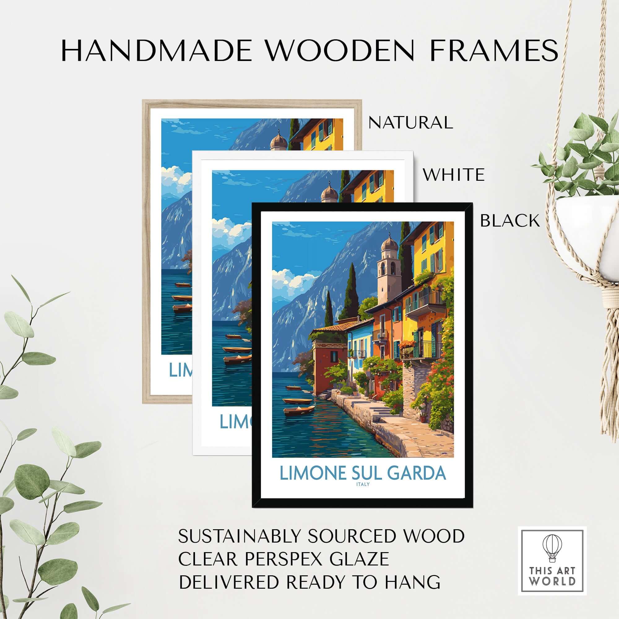 Handmade wooden frames in natural, white, and black for Limone sul Garda Italy Art Print | Lake Garda Travel Poster.