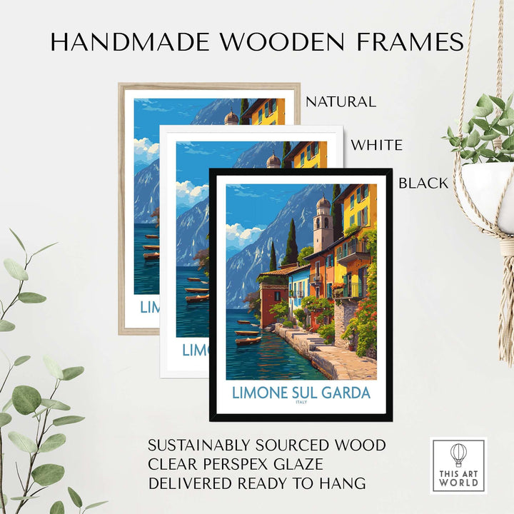 Handmade wooden frames for Limone sul Garda Italy Art Print | Lake Garda Travel Poster in natural, white, and black finishes.