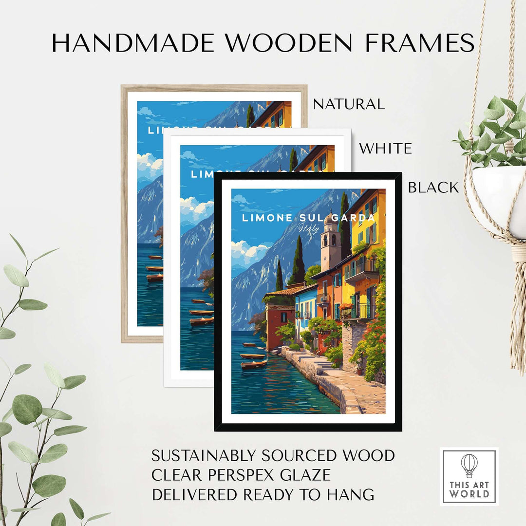 Limone sul Garda Print | Lake Garda Wall Decor displayed in handmade wooden frames in natural, white, and black.