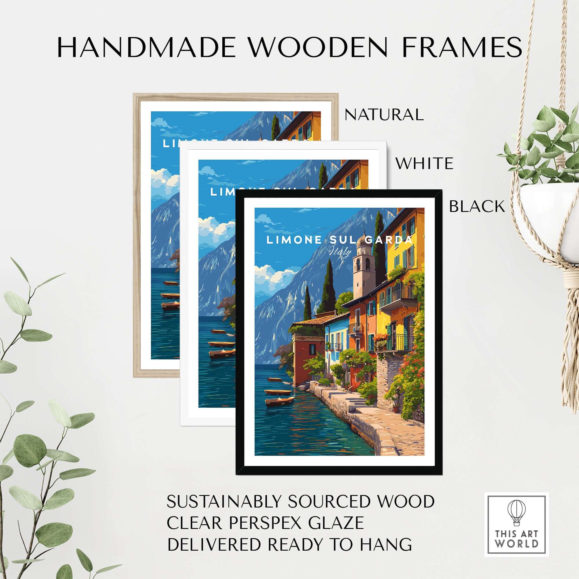 Limone sul Garda Print | Lake Garda Wall Decor displayed in handmade wooden frames in natural, white, and black.