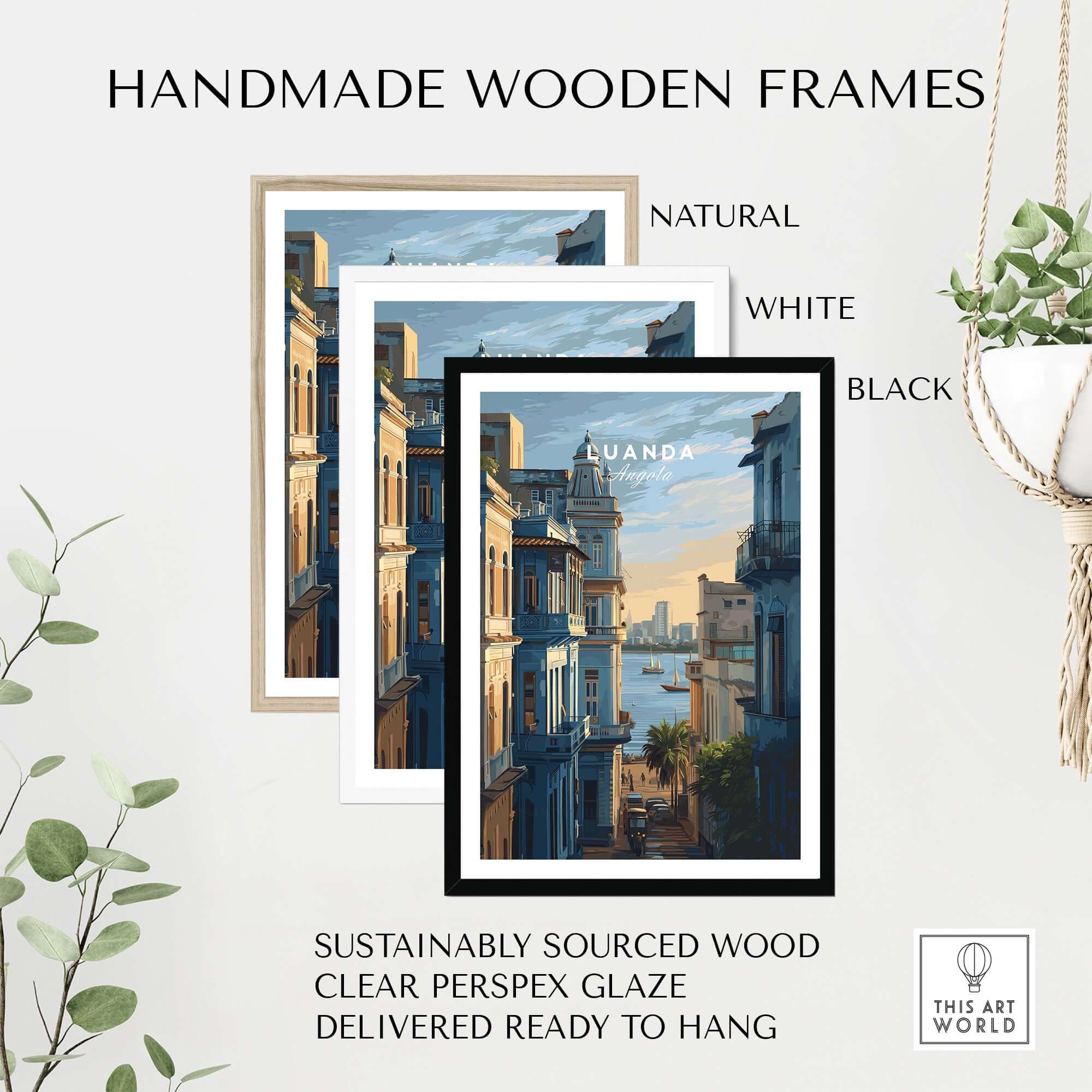 Luanda Print - African Cityscape Poster - Coastal Travel Decor in handmade wooden frames - natural, white, black.