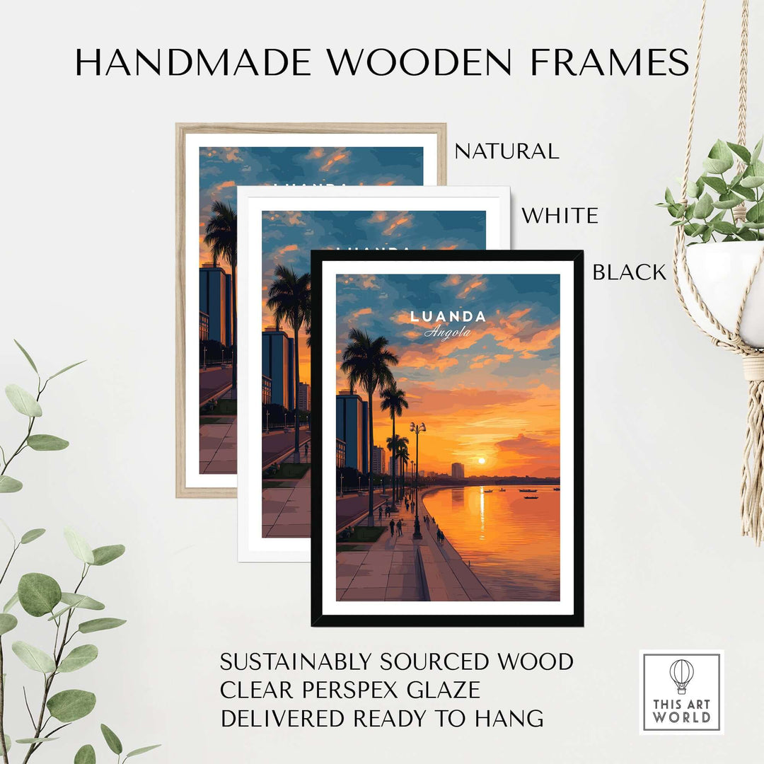 Handmade wooden frames for Luanda City at Dusk Print in natural, white, and black finishes, sustainably sourced wood.