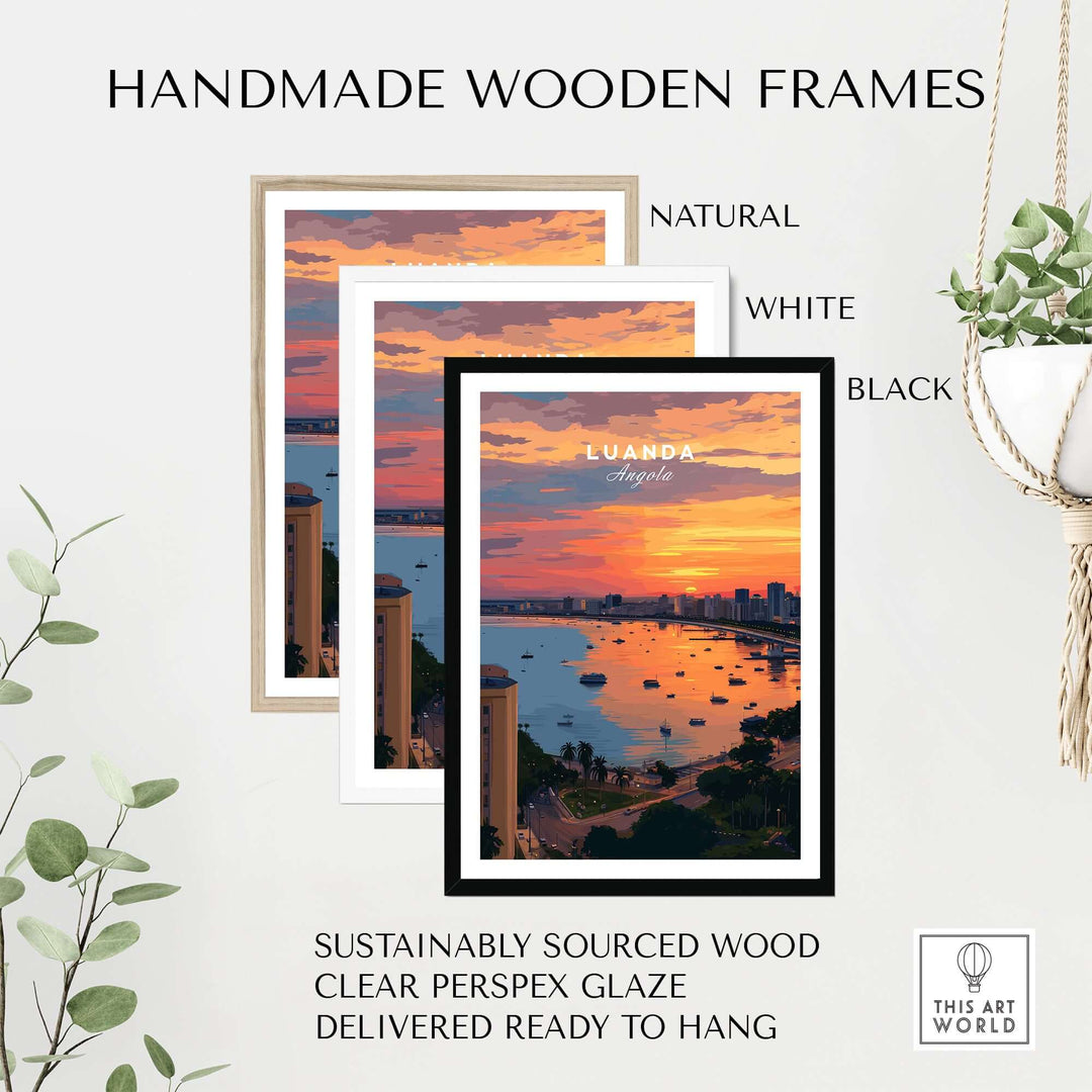 Handmade wooden frames in natural, white, and black for Luanda skyline sunset poster, ready to hang and sustainably sourced.