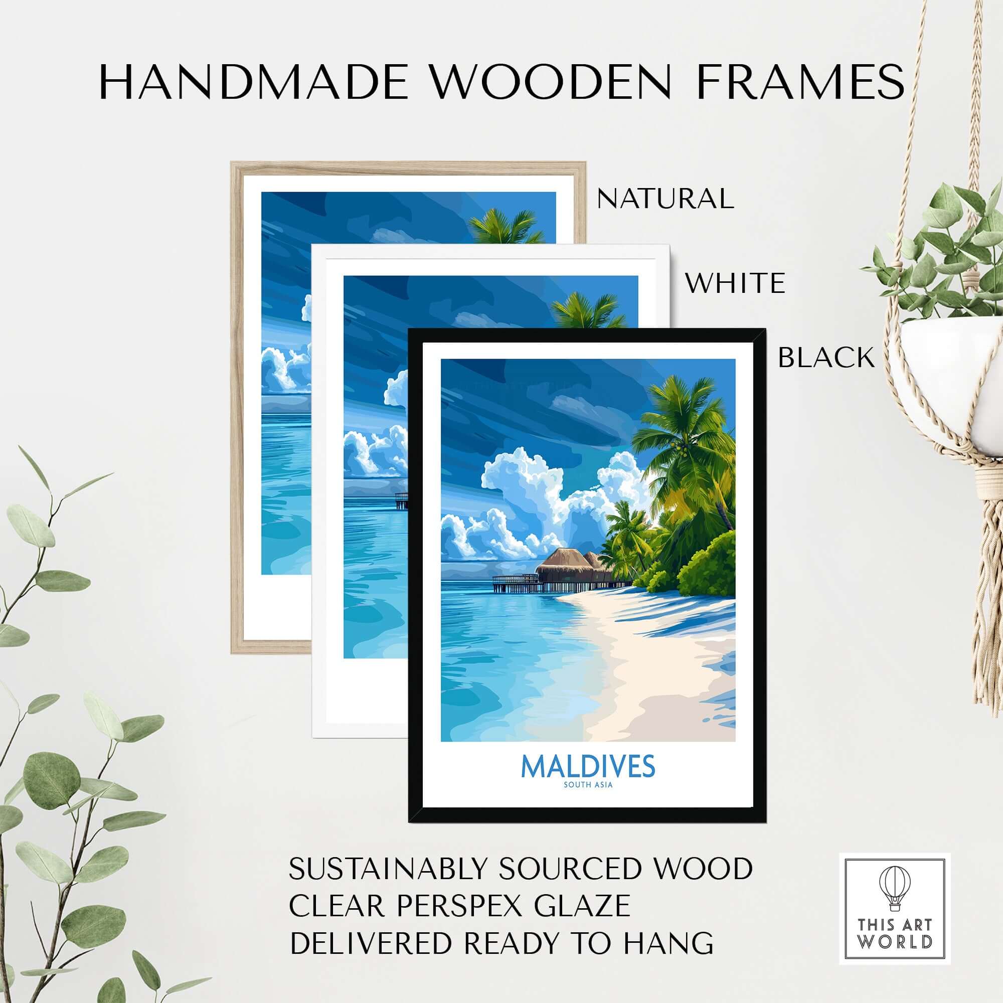 Maldives Wall Art Print - Tropical Beach displayed in natural, white, and black handmade wooden frames.