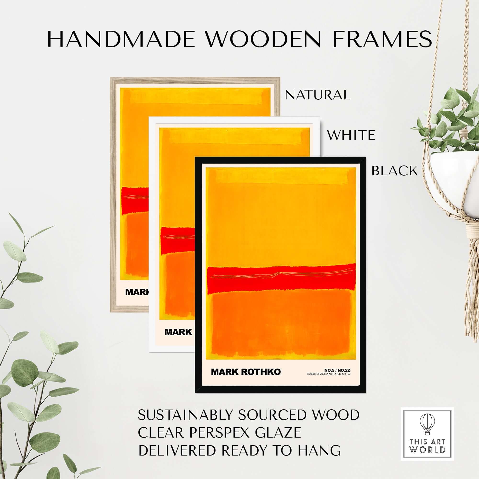 Handmade wooden frames showcasing Mark Rothko No 5 No 22 Abstract Expressionist Print Red Orange Yellow Poster Wall Art