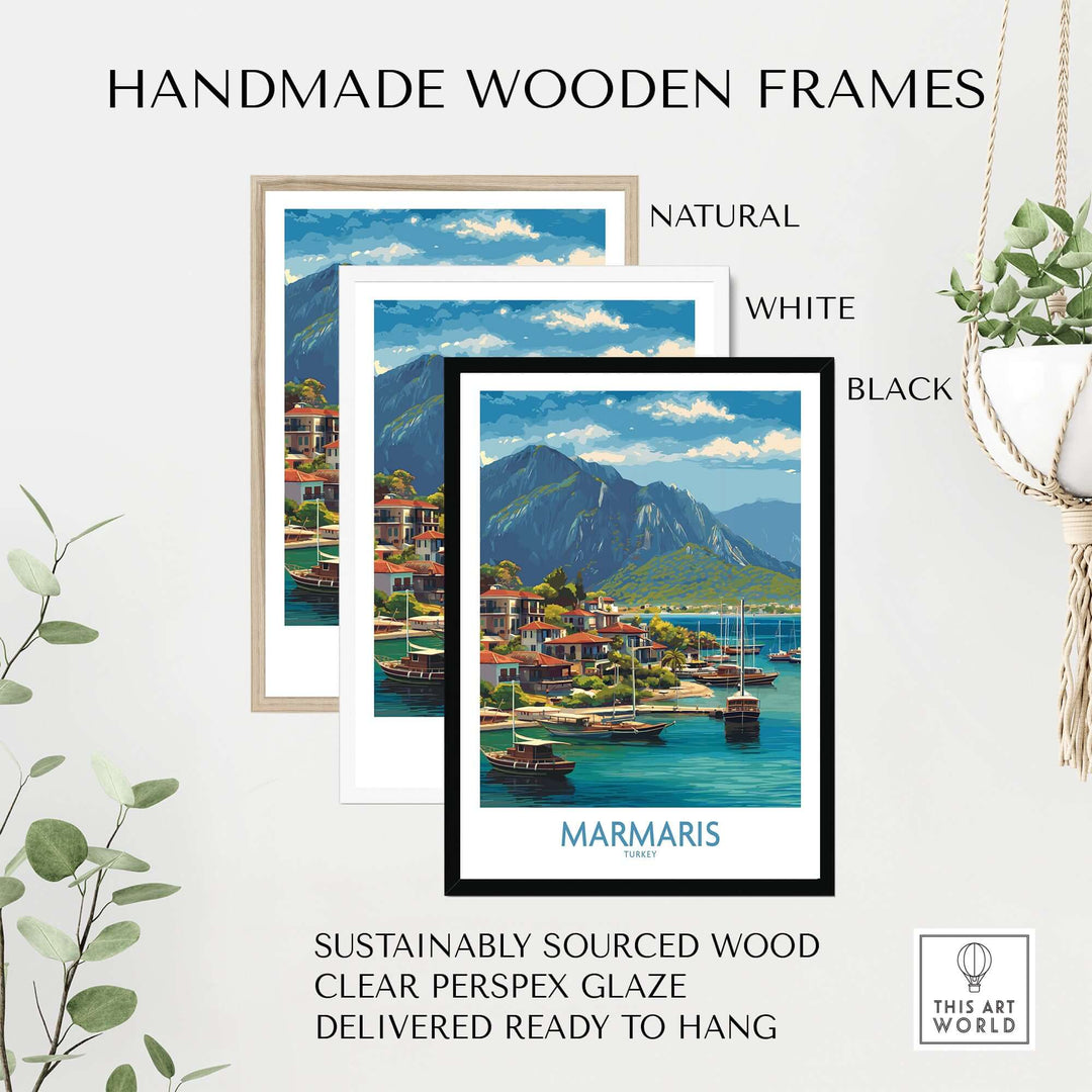 Three handmade wooden frames in natural, white, and black for Marmaris Coast Poster with sustainable materials.