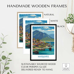 Handmade wooden frames in natural, white, and black for Marmaris Coast Poster - Turkish Riviera Art Print - Mediterranean Town Wall Decor.
