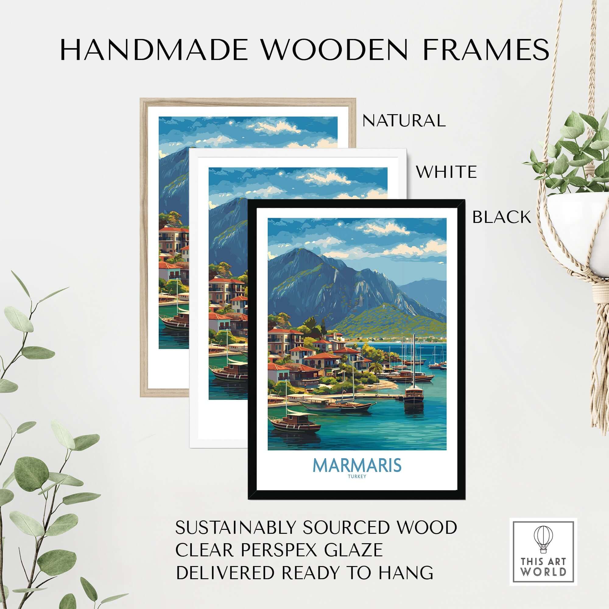 Handmade wooden frames in natural, white, and black for Marmaris Coast Poster - Turkish Riviera Art Print - Mediterranean Town Wall Decor.
