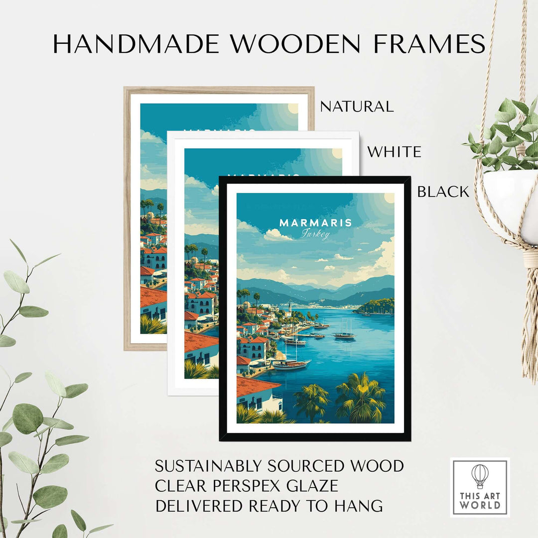 Marmaris Port art print framed in handmade wooden frames in natural, white, and black finishes, showcasing coastal design.
