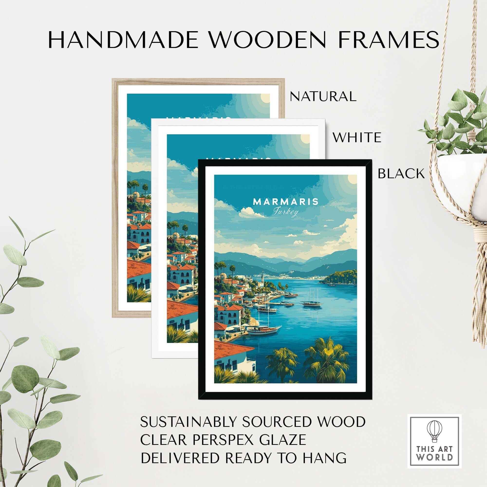 Marmaris Port Art Print - Turkish Riviera Poster - Mountain and Sea Wall Decor displayed in handmade wooden frames.