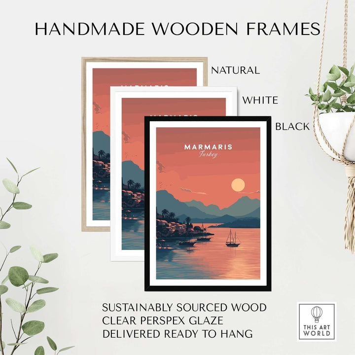 Handmade wooden frames in natural, white, and black colors for Marmaris sunset poster, sustainably sourced and ready to hang.
