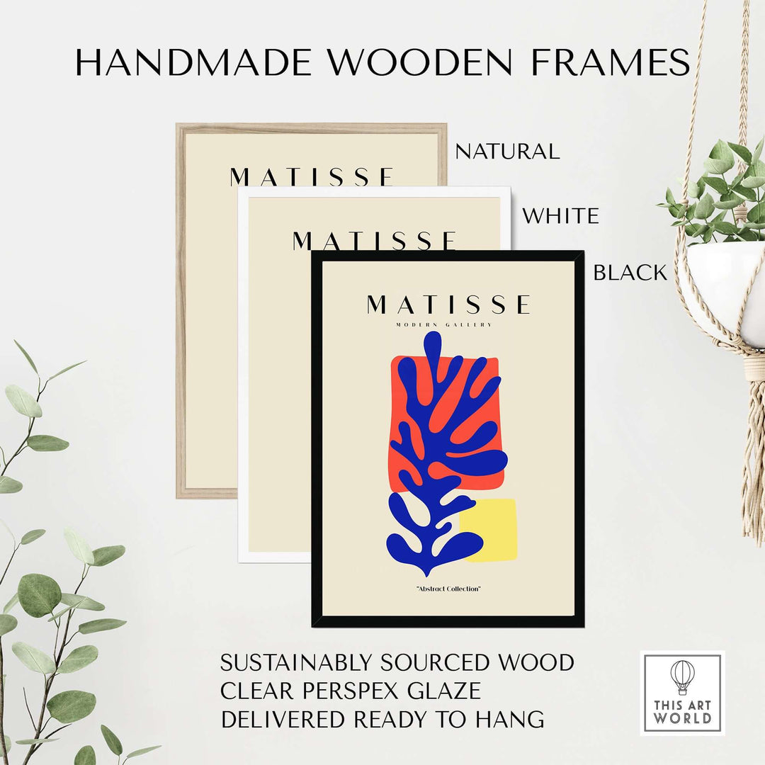 Handmade wooden frames in natural, white, and black for Matisse art prints, made from sustainably sourced wood.