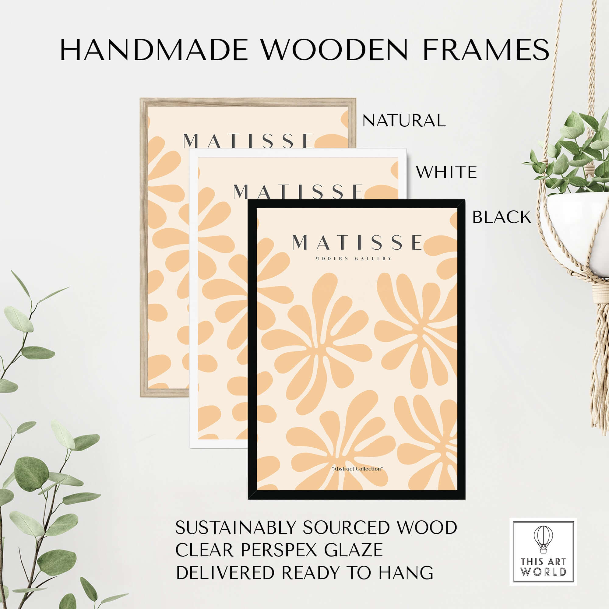 Matisse Art Prints - Peach Floral Abstract Pattern Print displayed in handmade wooden frames in natural, white, and black.