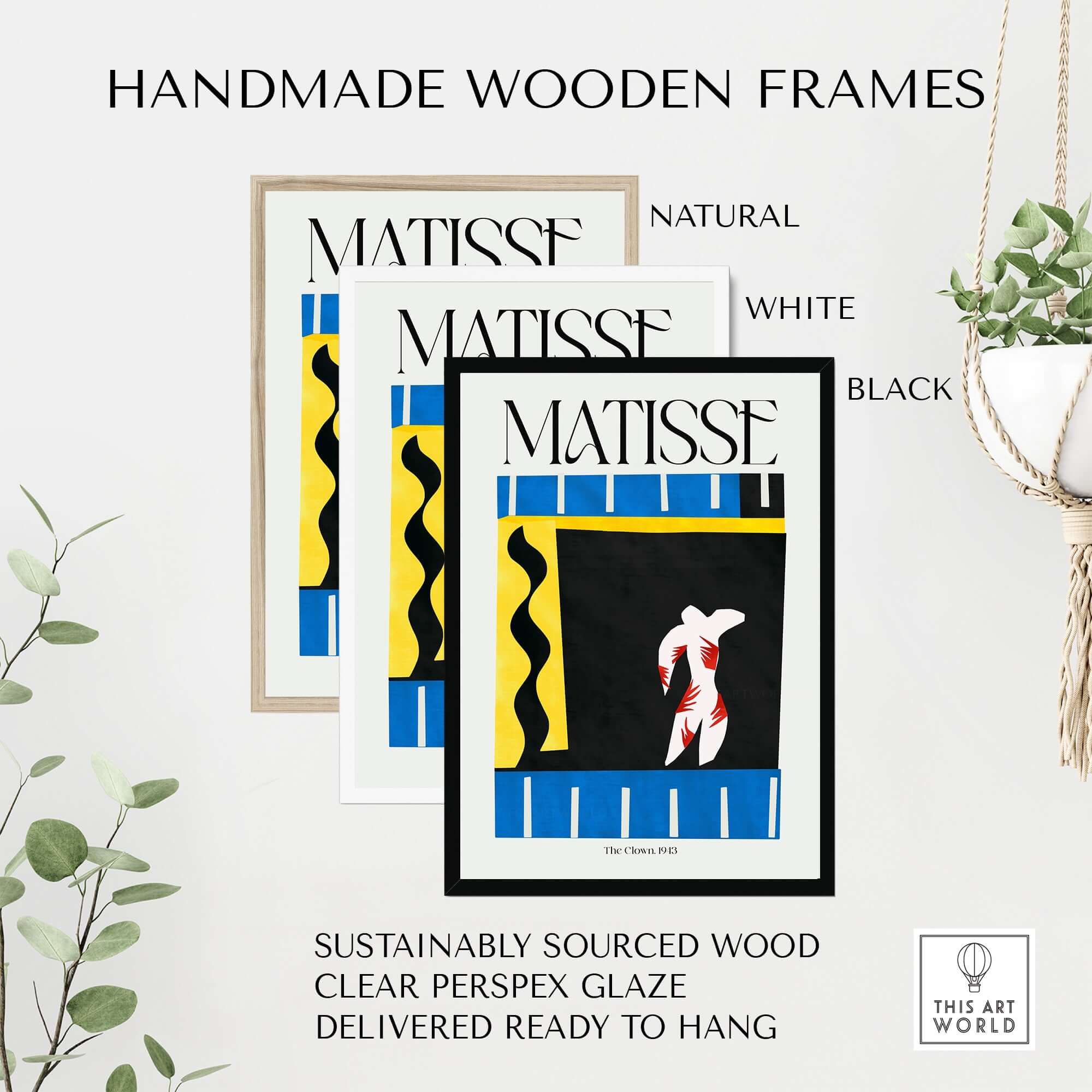 Matisse Art Print - The Clown 1943 Jazz Series Abstract Figure Poster in handmade wooden frames, showcasing options in natural, white, and black.