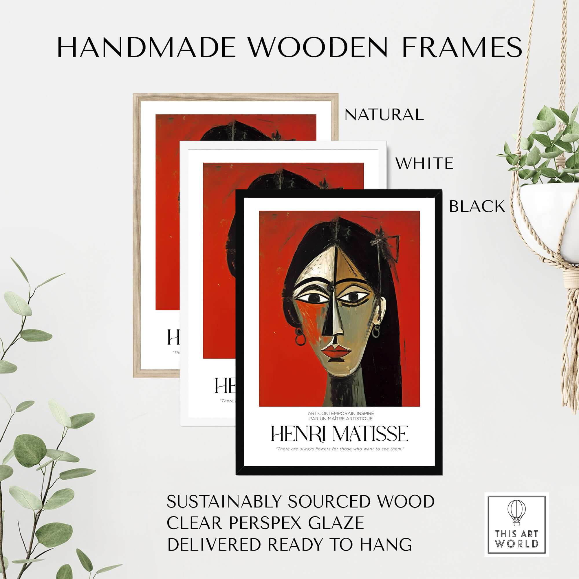 Matisse Art Prints - Stylized Woman Portrait Red Wall Art with handmade wooden frames in natural, white, and black.