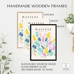 Handmade wooden frames for Matisse Art Prints - Colorful Abstract Botanical Scatter Poster, available in natural, white, and black.