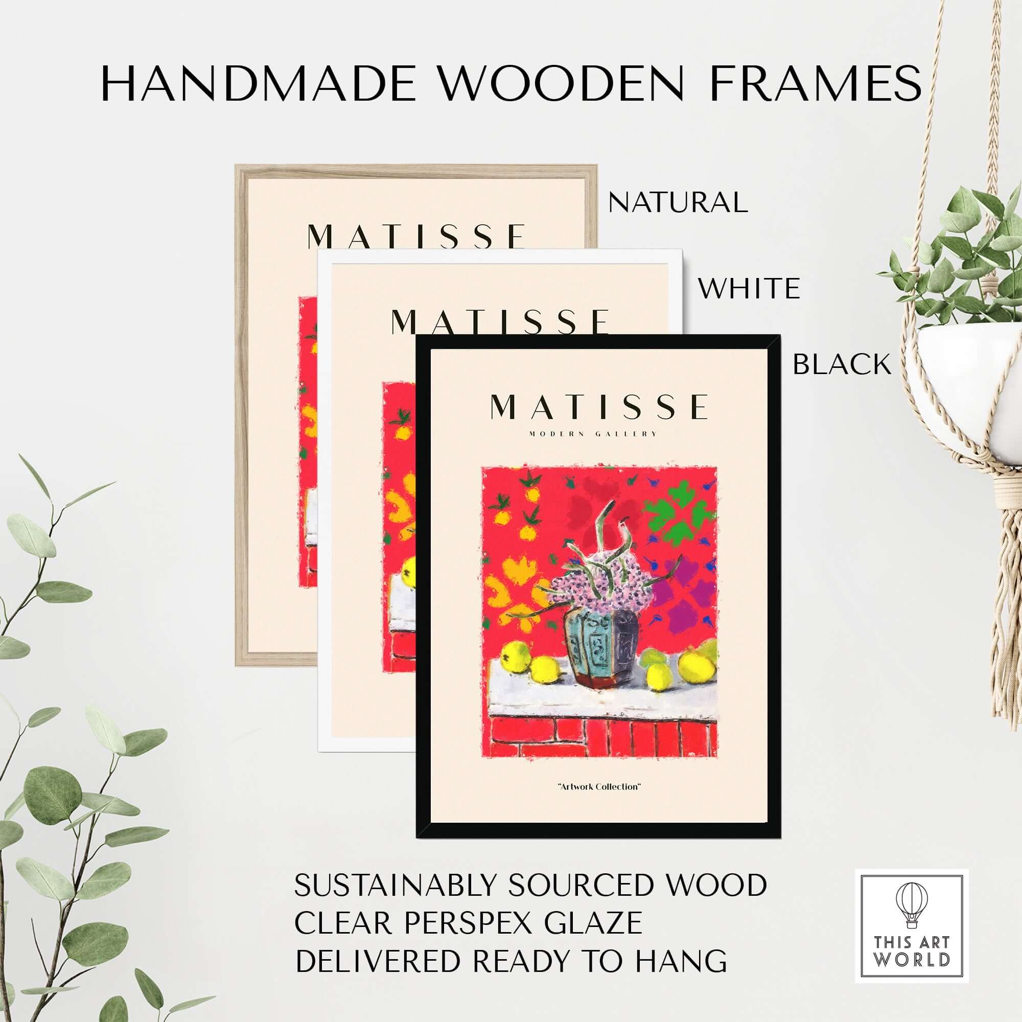 Matisse Art Prints - Still Life Flowers Lemons Red Pattern Poster showcased in handmade wooden frames.