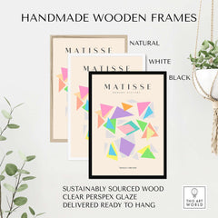 Matisse Art Prints - Colorful Geometric Triangles Poster displayed in handmade wooden frames in natural, white, and black finishes.