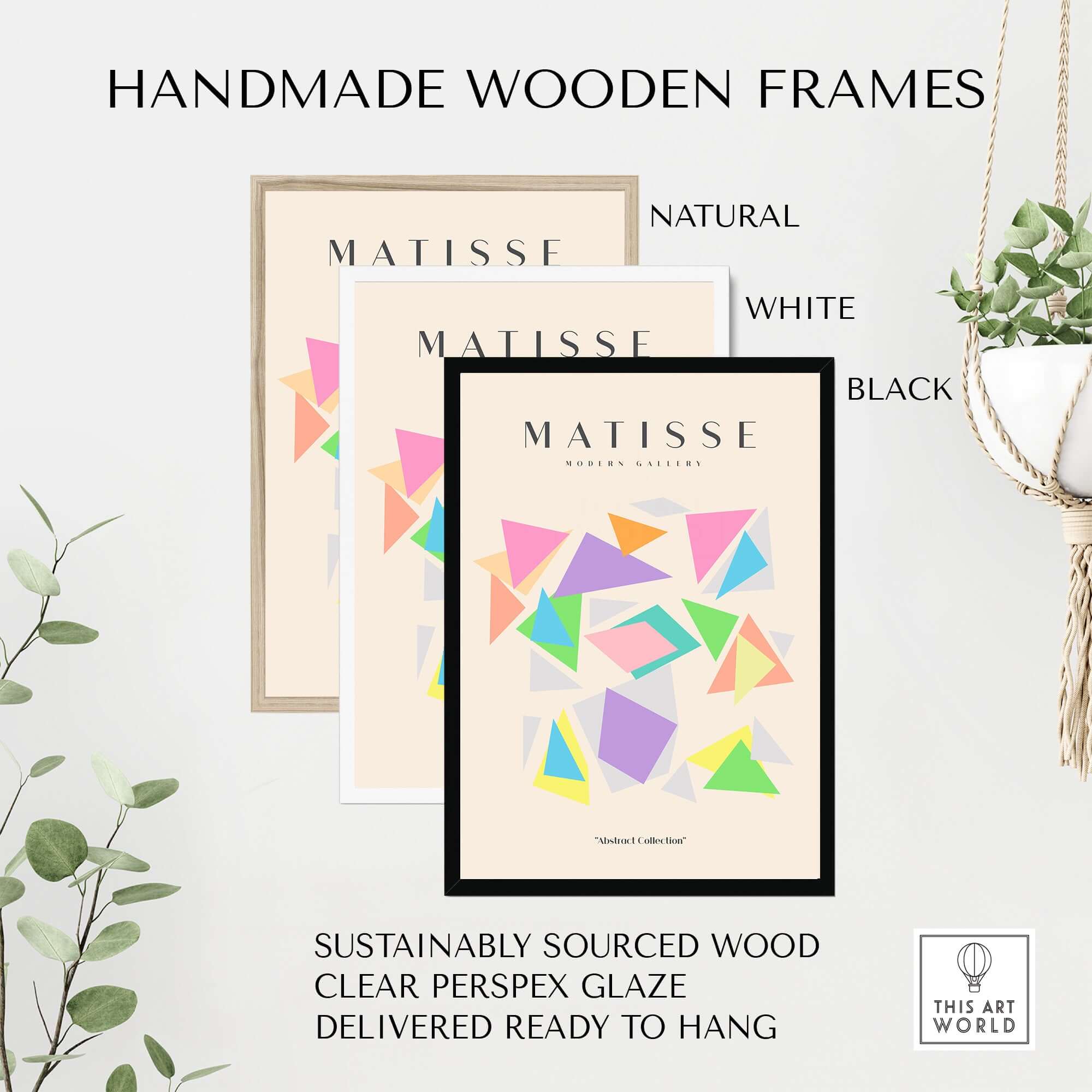 Matisse Art Prints - Colorful Geometric Triangles Poster displayed in handmade wooden frames in natural, white, and black finishes.