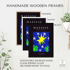 Matisse Art Prints - Stars Leaves Night Sky Abstract Print framed in natural, white, and black handmade wooden frames.