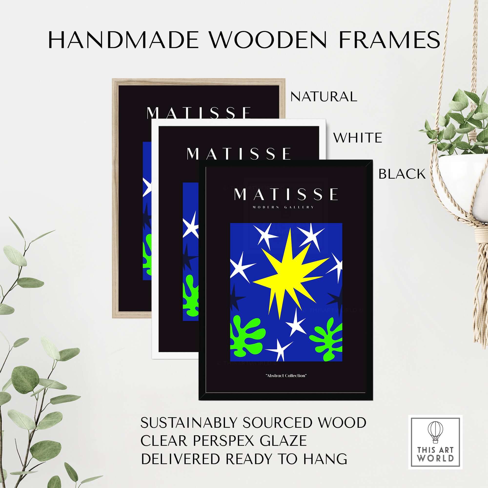 Matisse Art Prints - Stars Leaves Night Sky Abstract Print framed in natural, white, and black handmade wooden frames.