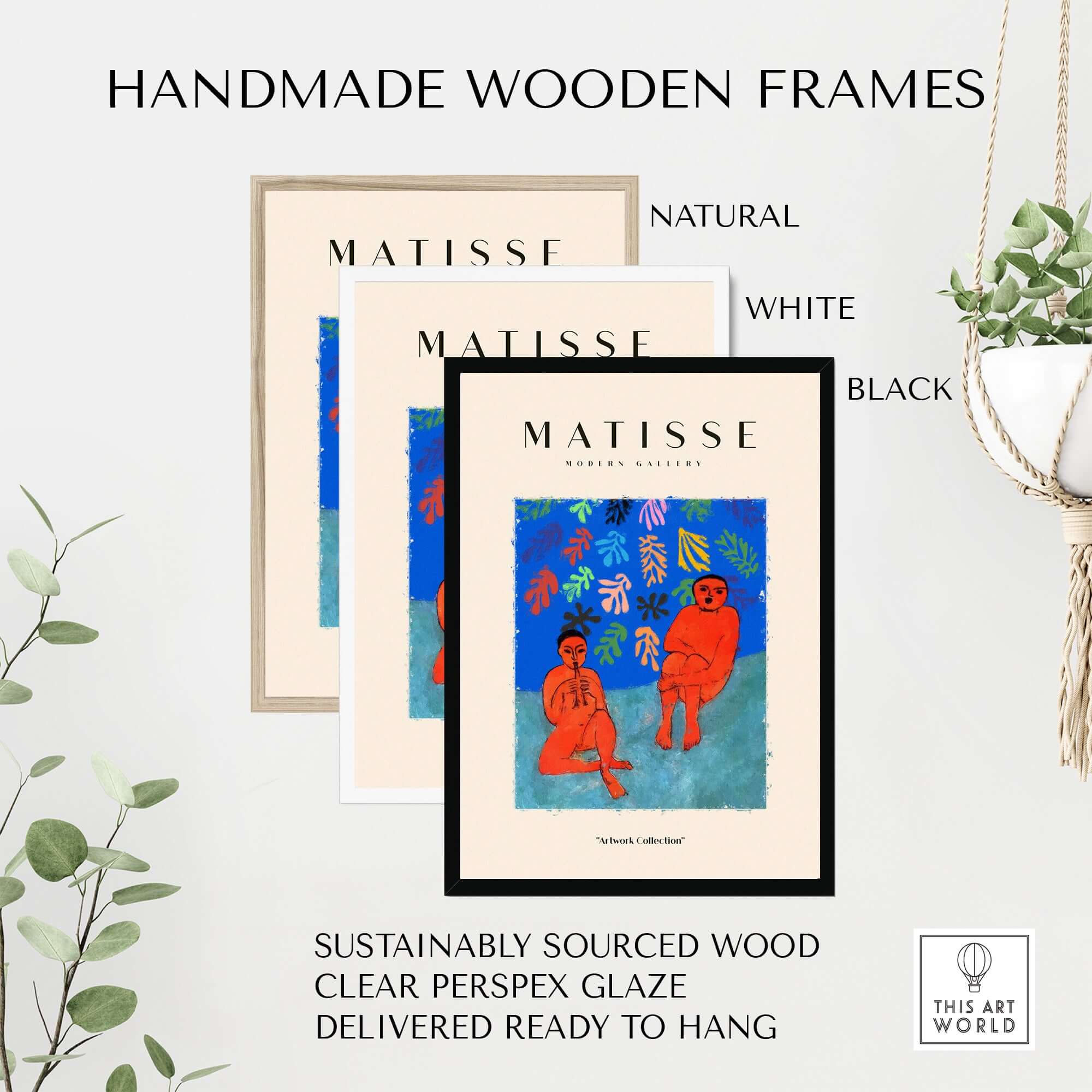Matisse Art Prints - Two Figures Flute Poster displayed in handmade wooden frames in natural, white, and black colors.