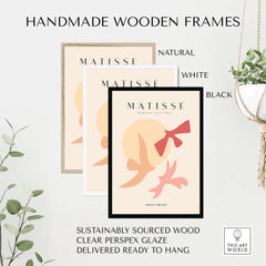 Matisse Art Prints - Abstract Birds Sun Shapes Poster displayed in handmade wooden frames in natural, white, and black. Ready to hang.