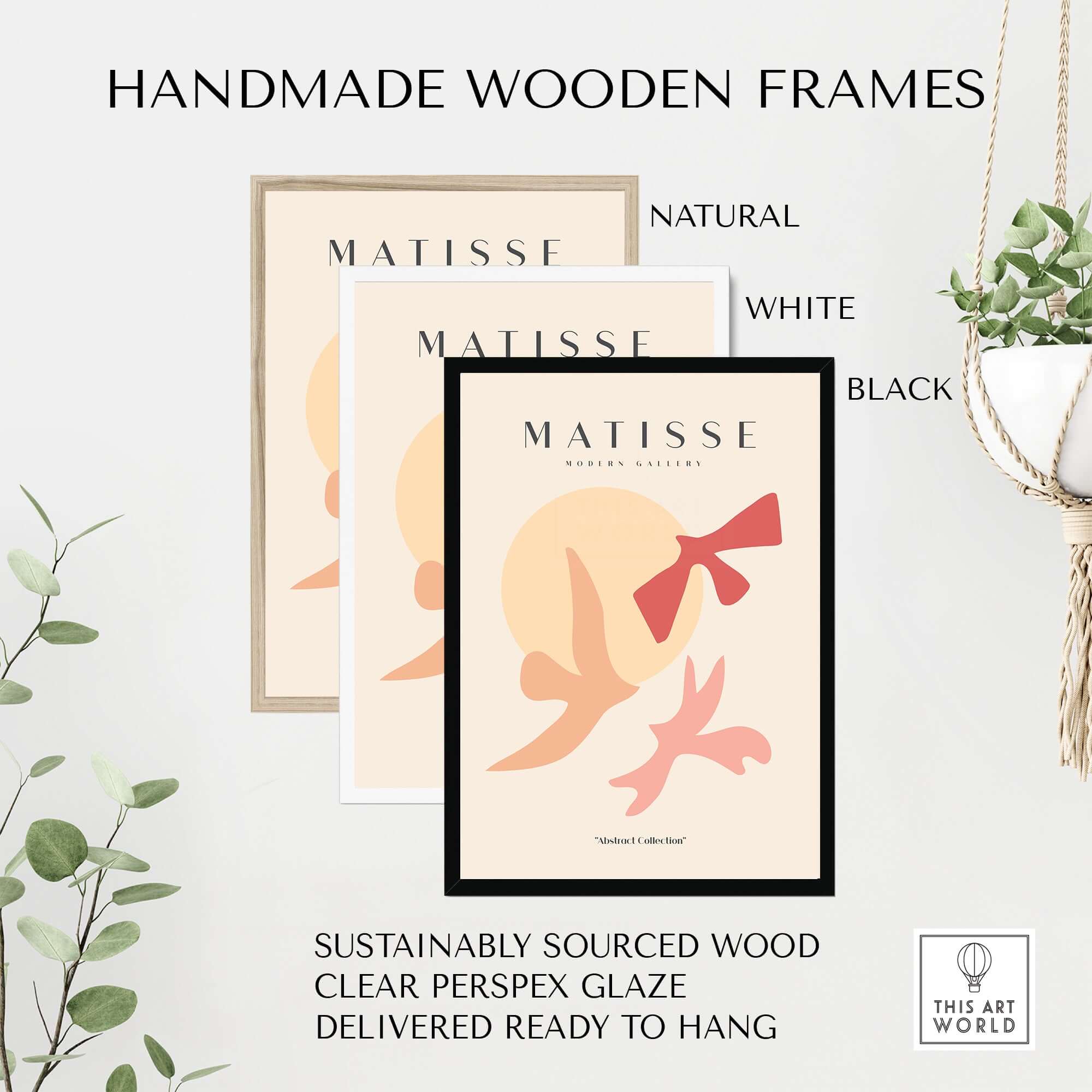 Matisse Art Prints - Abstract Birds Sun Shapes Poster displayed in handmade wooden frames in natural, white, and black. Ready to hang.