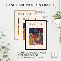 Matisse Art Prints - Two Women Guitar Interior Scene Poster displayed in handmade wooden frames: natural, white, and black options.